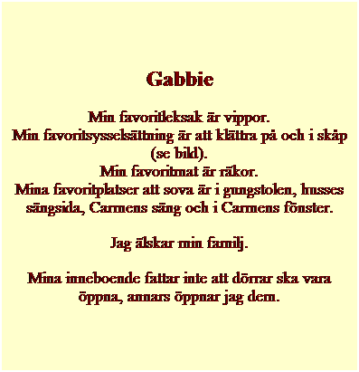 Textruta: Gabbie
Min favoritleksak �r vippor.
Min favoritsyssels�ttning �r att kl�ttra p� och i sk�p (se bild).
Min favoritmat �r r�kor.
Mina favoritplatser att sova �r i gungstolen, husses s�ngsida, Carmens s�ng och i Carmens f�nster.
Jag �lskar min familj.
Det v�rsta jag vet �r nar de �ppnar balkongd�rren till den stora l�skiga altanen, fattar inte mina inneboende att det �r l�skigt d�r ute. Dammsugaren �r l�skig ocks�.
